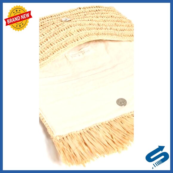 Raffia Straw Clutch with Fringe Trim, Fold-Over Flap, Cotton Lining